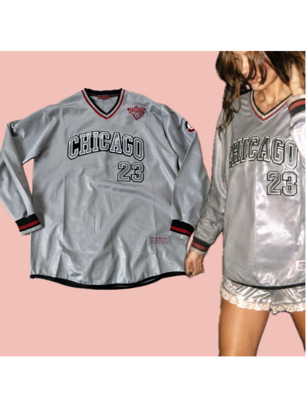 Vintage Chicago 23 Mesh Jersey Long Sleeve Silver Grey Y2K Sports Top